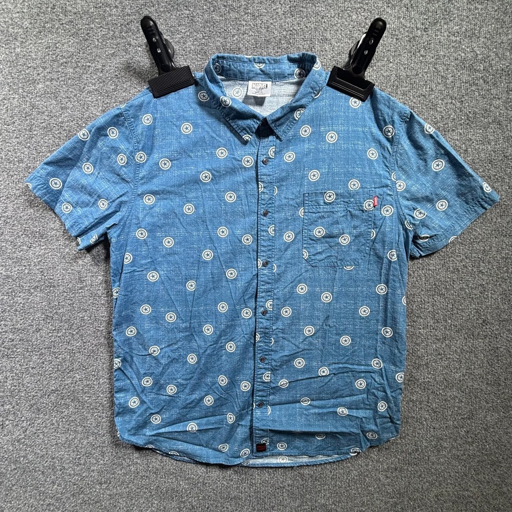 Marvel Captain America Shield Button Up Shirt Mens XL Blue Cotton Short Sleeve